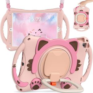 BATYUE iPad Case or 9th/ 8th/ 7th Generation (iPad 10.2 Case 2021/2020/2019) with Screen Protector, Rugged Case with Rotating Stand/Pencil Holder/Pencil Cap Holder Pink)