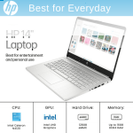 HP 14" Laptop, Intel Quad-Core, 16GB RAM, 128GB Storage, HD Display, Win11 Home, Silver