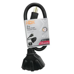HDX 2 ft. 14/3 Medium Duty Indoor/Outdoor Adaptor Cord with Multiple Outlet Triple Tap End, Black (HWHD1432F)
