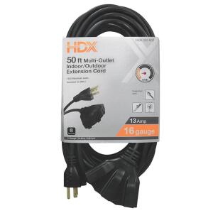 HDX 50 ft. 16/3 Light Duty Indoor/Outdoor Extension Cord with Multiple Outlet Triple Tap End, Black (HWHD16350F)