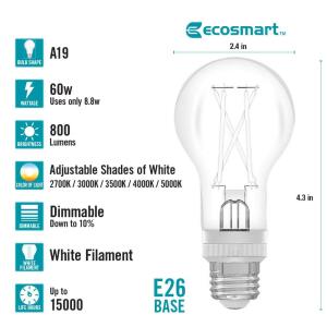 EcoSmart 60-Watt Equivalent A19 Dimmable White Filament CEC Clear Glass E26 Medium Base LED Light Bulb Selectable White 1-Pack (A19605CCTCA/WFIL/ECP)
