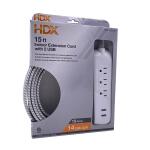 HDX 15 ft. 14/3 Light Duty Indoor Braided Extension Cord with 2 USB-A and 3 Outlets, Grey/White (FSEX28)