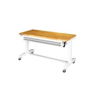 Husky 52 in. W x 24 in. D 2-Drawer Adjustable Height White Workbench Table with Solid Wood Top (HOLT5202BJ2)