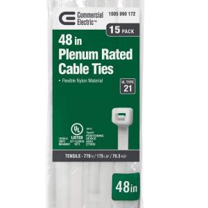 Commercial Electric 48in Heavy Duty 175lb Tensile Strength UL 21S Rated Cable Zip Ties 15 Pack Natural (White) - GT-1220HD(15)
