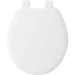 Bemis Jamestown Round White Closed Front Toilet Seat Made of Enameled Wood, Featuring a Never-Loosen Design, Adjustability, and Soft Close.