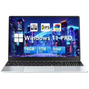 KUU 15.6" FHD Laptop, Intel Quad-Core N95, 16GB RAM, 1TB SSD, Silver