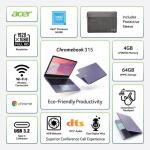 Acer Chromebook 315, 15.6" Intel N4500, 4GB RAM, 64GB eMMC, Moonstone Purple