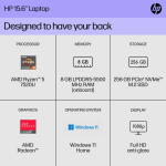 HP 15.6" FHD Laptop, Ryzen 5 7520U, 8GB RAM, 256GB SSD, Pale Rose Gold (15-fc0039wm)