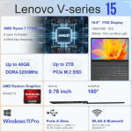 Lenovo V15 15.6" Laptop, Ryzen 7 7730U, 40GB RAM, 2TB SSD, Black