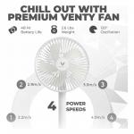 Venty Portable Wireless Battery-Operated Oscillating Rechargeable Remote Control & LED Lighting, Folding Telescopic Camping Fan White with Case