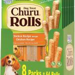 Inaba Churu Rolls for Dogs Soft & Chewy Chicken Stuffed Treats with Cheese Grain Free, 64 Sticks in Total, 8 Pack