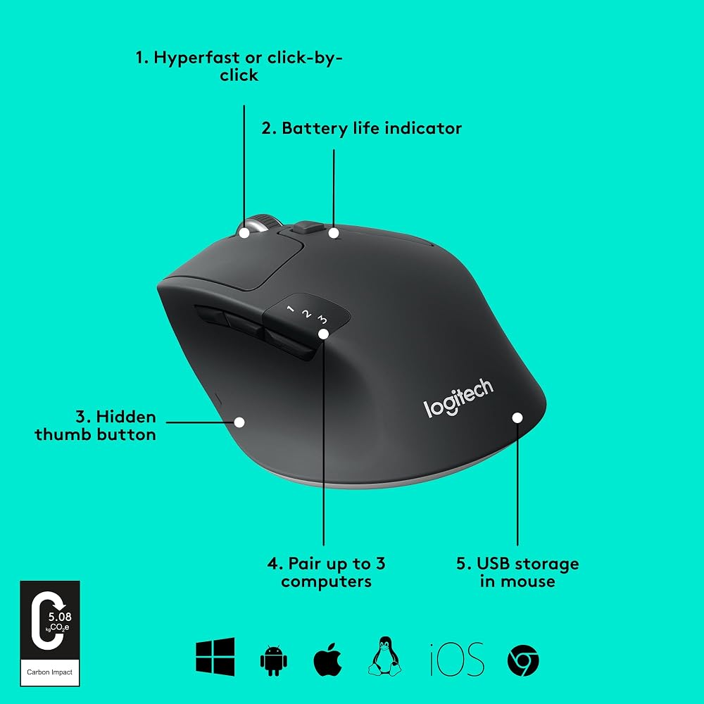 Logitech M720 Triathalon Full Size Multi-Device Wireless Mouse - Image 6