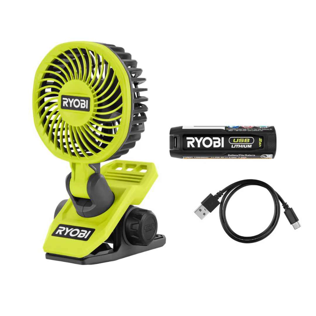RYOBI USB Lithium Clamp Fan Kit – 135 CFM, 2-Speed, 7H Runtime