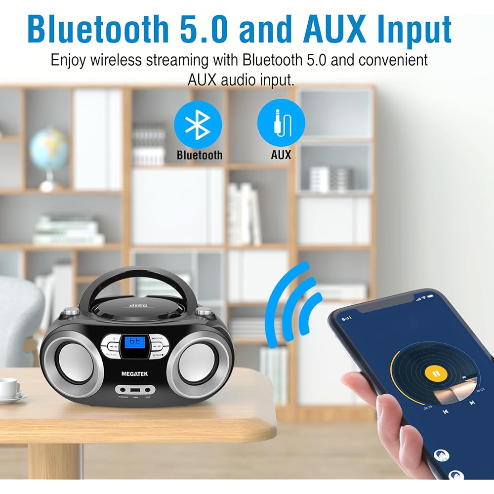MEGATEK Portable CD Player Boombox with Bluetooth & FM Radio - Image 4