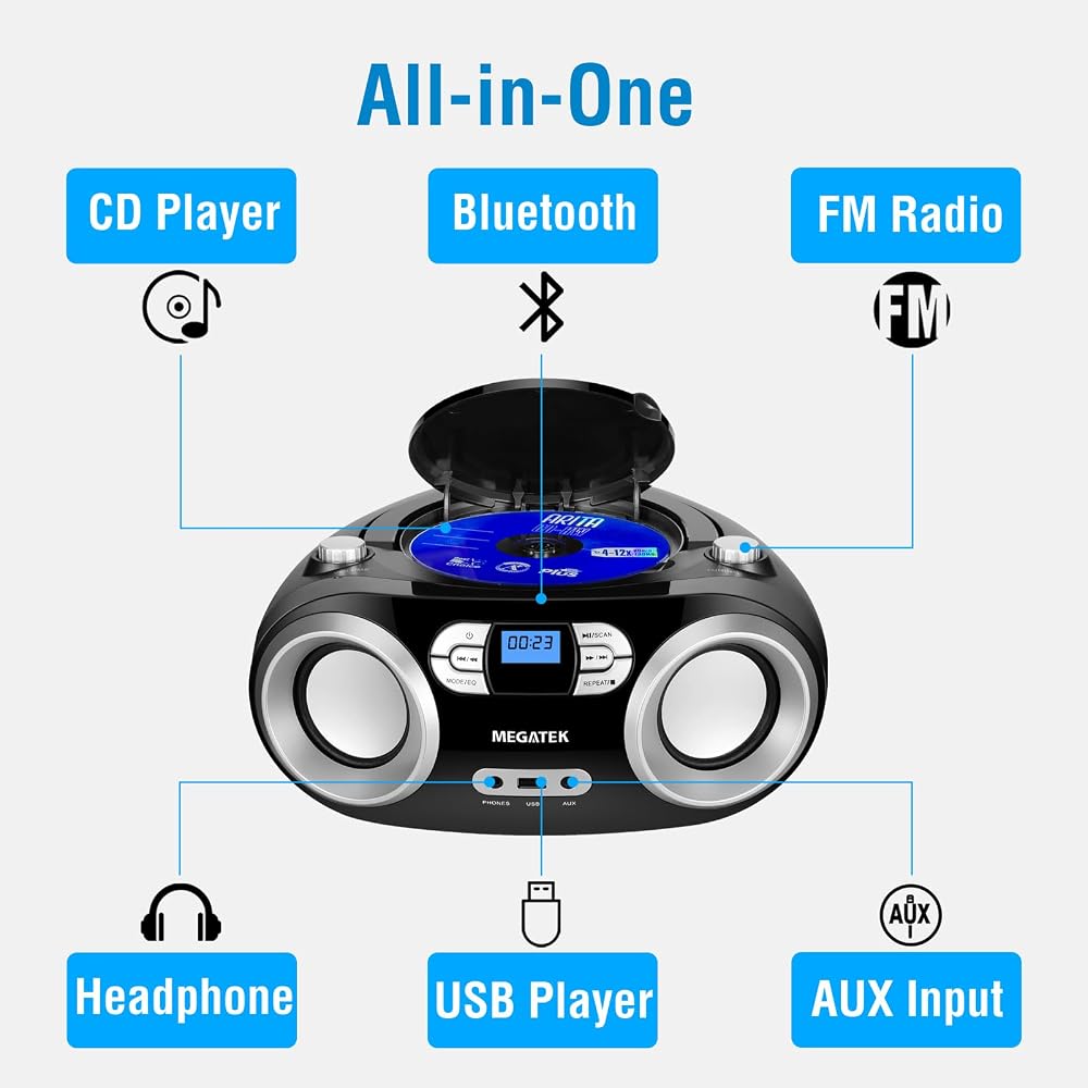MEGATEK Portable CD Player Boombox with Bluetooth & FM Radio - Image 2