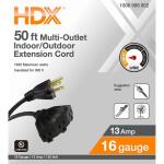 HDX 50 ft. 16/3 Light Duty Indoor/Outdoor Extension Cord with Multiple Outlet Triple Tap End, Black (HWHD16350F)