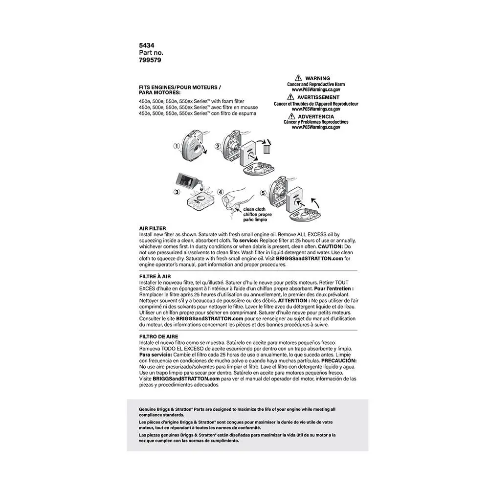 Briggs & Stratton Air Filter Foam for 450-550 E and EX Engines (5434)