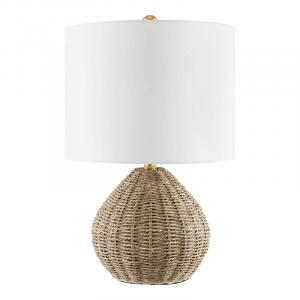 Hampton Bay Glenwood 20 in. Round Rattan Table Lamp with Brown and Brass Gold Finish