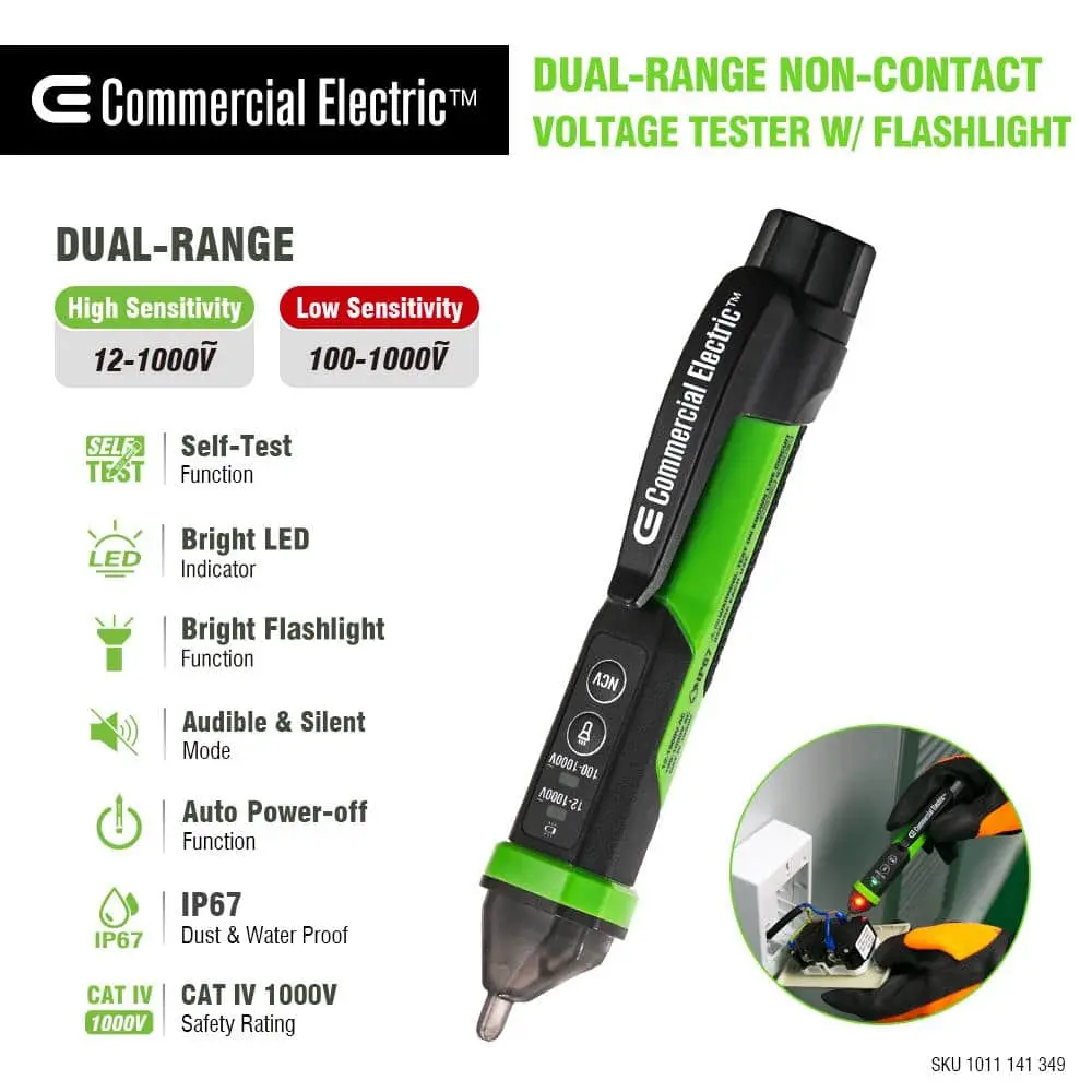 Commercial Electric Digital Dual Range Non Contact Voltage Tester with Flashlight 12-1000V AC (NCV-8909)