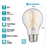 EcoSmart 60-Watt Equivalent A19 Dimmable CEC Dusk to Dawn Clear Glass Filament LED Light Bulb Soft White (11CFA1960WDTD01)