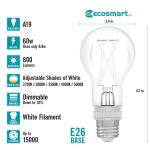 EcoSmart 60-Watt Equivalent A19 Dimmable White Filament CEC Clear Glass E26 Medium Base LED Light Bulb Selectable White 1-Pack (A19605CCTCA/WFIL/ECP)