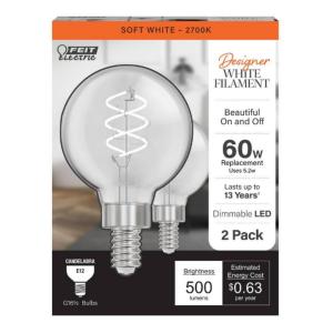 Feit Electric60-Watt Equivalent G16.5 Double Spiral White Thin Filament Clear E12 Candelabra LED Light Bulb, Soft White 2700K(2-Pack)