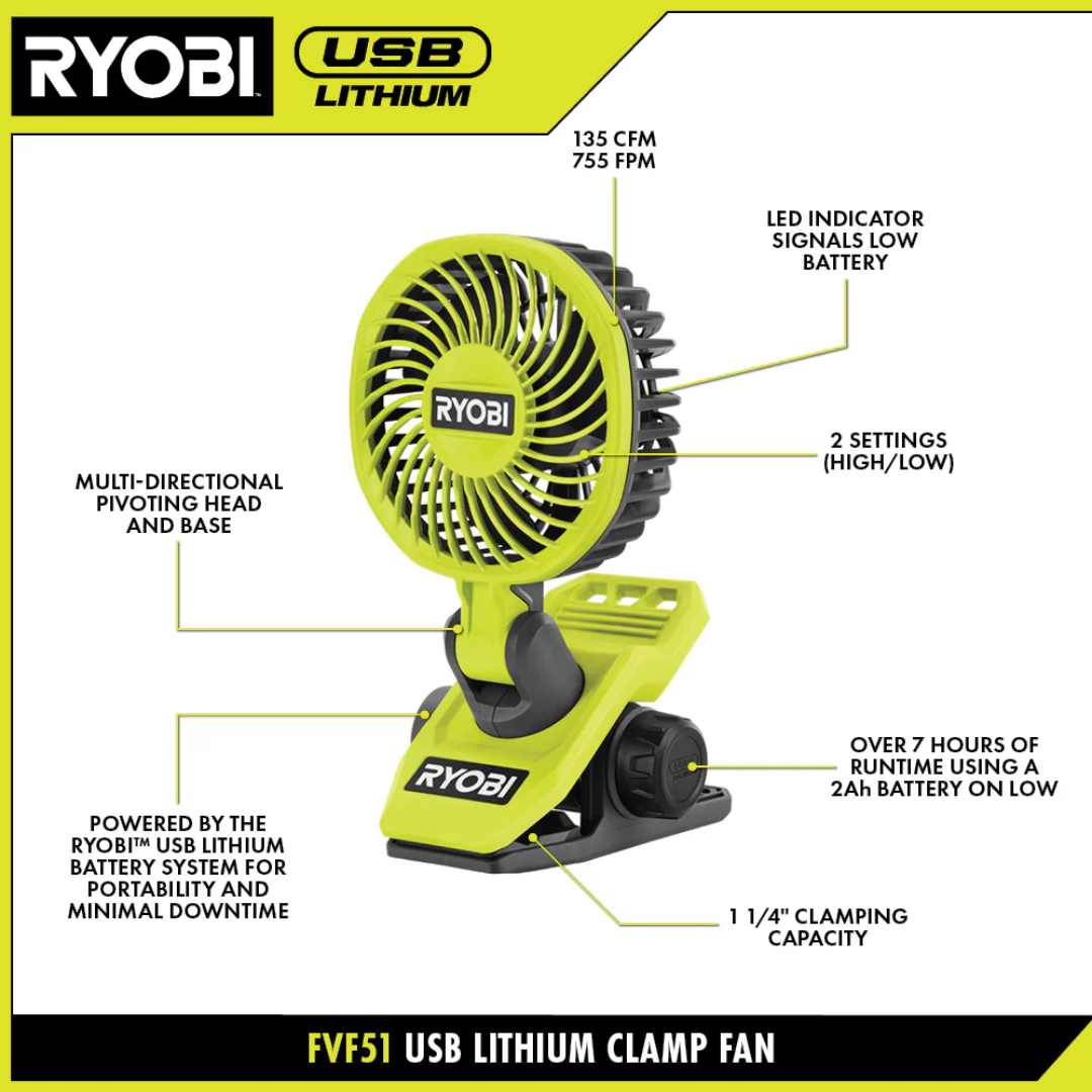 RYOBI USB Lithium Clamp Fan Kit – 135 CFM, 2-Speed, 7H Runtime - Image 3