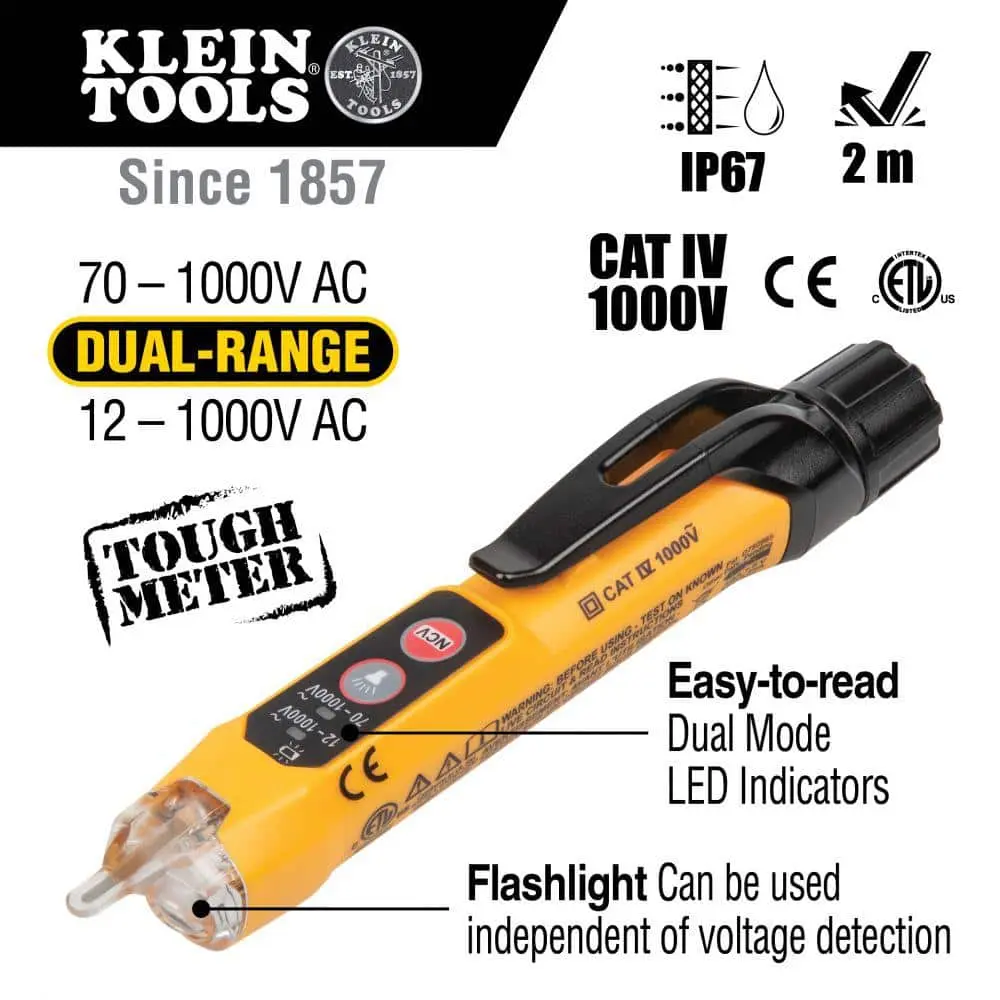 Klein Tools Digital Dual Range Non Contact Voltage Tester with LED Flashlight 12-1000V AC (NCVT-3PR)