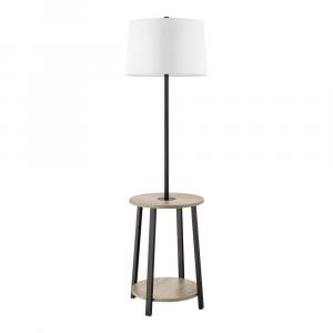 Hampton Bay 61.5 in. Fairford Standard End Table Floor Lamp with Faux Wood and Matte Black Finish, White Fabric Shade