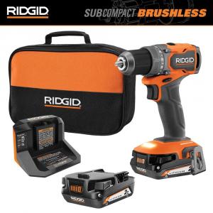 Ridgid 18V SubCompact Brushless Cordless 1/2-Inch Drill/Driver Kit, including (2) 2.0 Ah Batteries, a Charger, and a Tool Bag