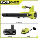 RYOBIONE+ 18V 350 CFM 100 MPH Cordless Battery Variable Speed Jet Fan Leaf Blower with 4.0 Ah Battery and Charger