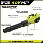 RYOBIRY404100 40-Volt HP Brushless Whisper Series (190 MPH & 730 CFM) Cordless Battery Jet Fan Leaf Blower with (2) 4.0 Ah Batteries & Charger