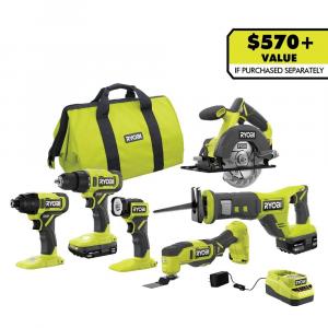 RYOBI ONE+ 18V Cordless 6-Tool Combo Kit with 1.5 Ah Battery, 4.0 Ah Battery, and Charger